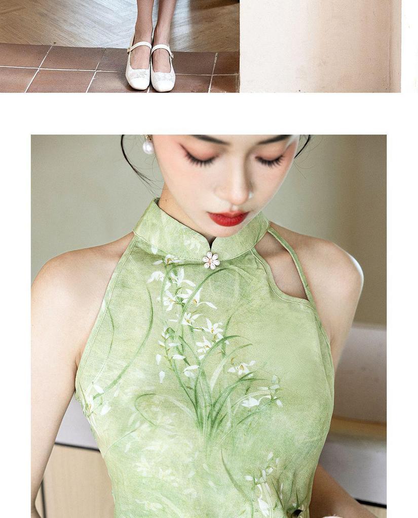 2026 Summer Green Sleeveless Cheongsam: Slimming Off-Shoulder, Waist-Cinching Halter Dress