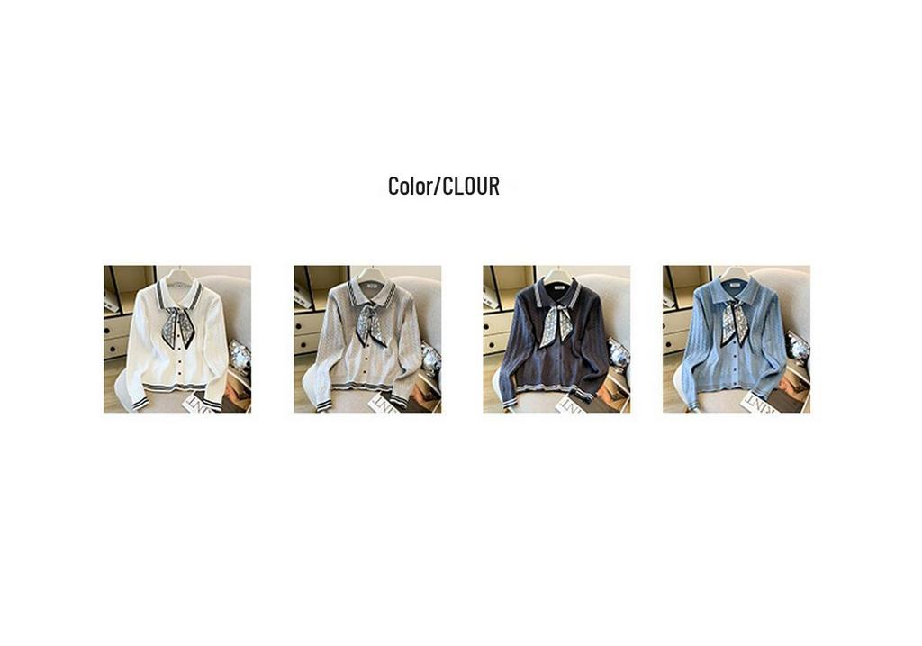 2025 Autumn/Winter Stylish Knit Cardigan with POLO Collar & Silk Scarf Bow Tie for Women
