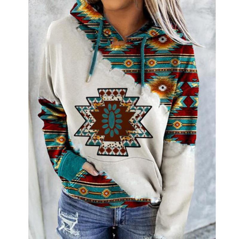 Plus Size Women Long Sleeve Round Neck Pullover Autumn Ethnic Printed Hoodie Winter Loose Casual Hooded Sweatshirt