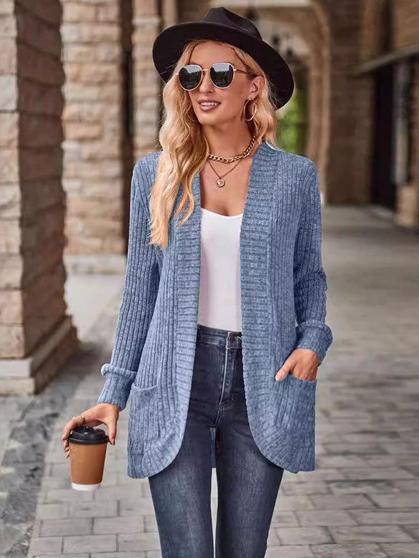2025 Autumn Solid Color Ribbed Brushed Patchwork Long Sleeve Cardigan Jacket