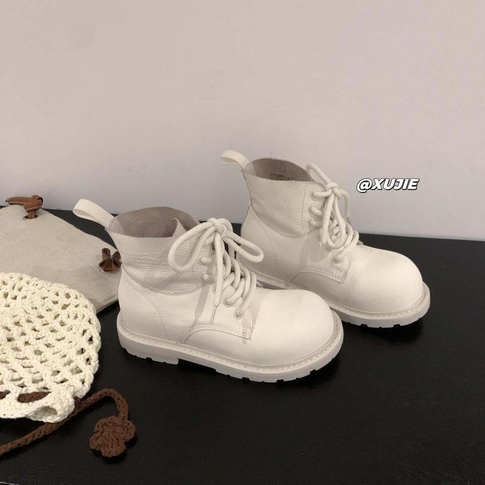 2025 new leather platform Martin boots women's versatile casual short boots heightened lace-up single shoes trendy and comfortable