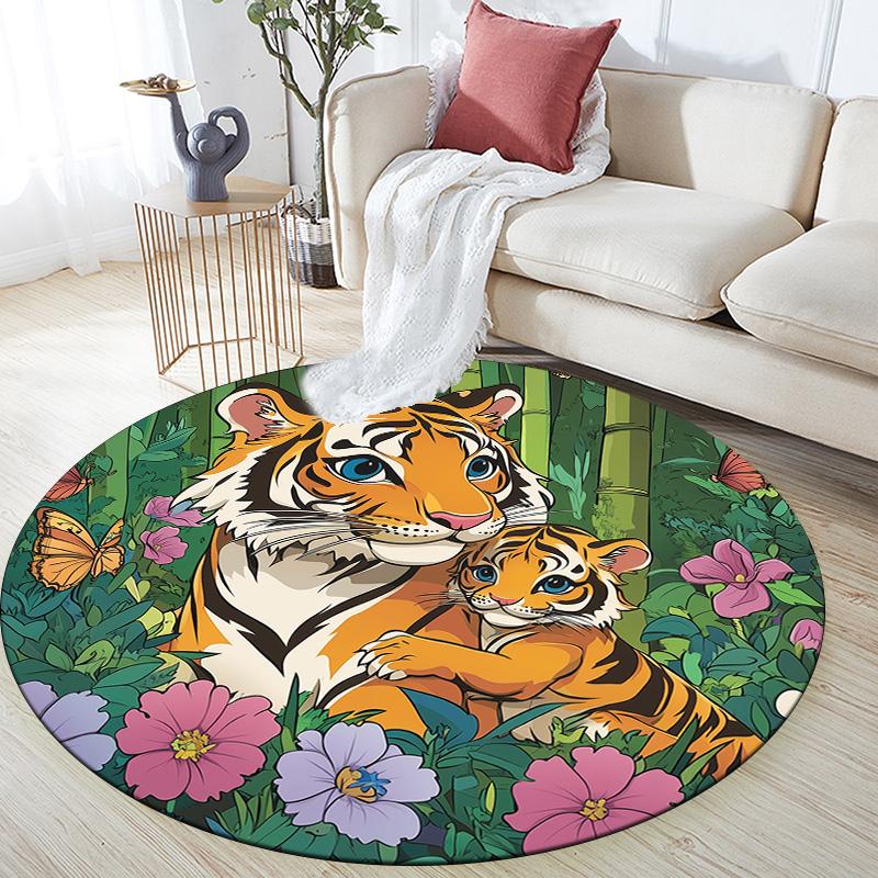 Bamboo Forest Tiger,Round Area Rug,Carpet Rug for Living Room Bedroom Sofa Playroom Decor,Non-slip Floor Mat