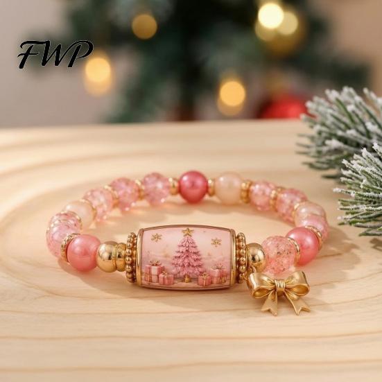 Metal Pendant Bracelets Christmas Story Beaded Bracelet, Bracelet with Santa Reindeer Snowman House Candy Patterned Cane Tree Pattern, Elastic
