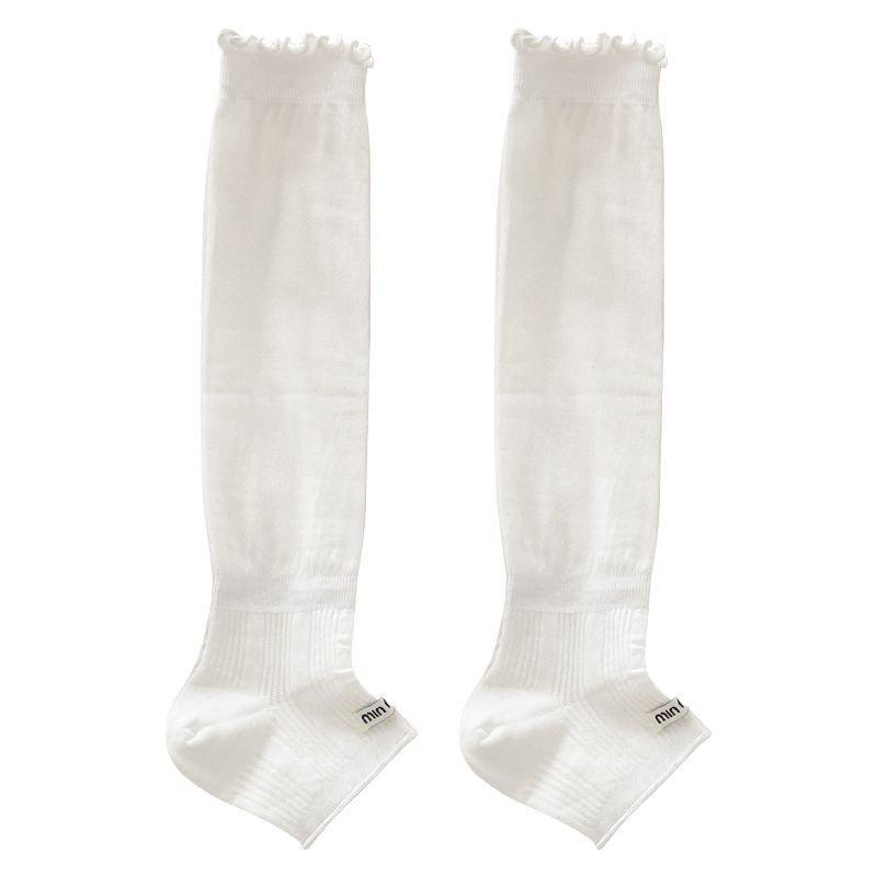 Sock-style Women's Summer/autumn Lightweight Solid-color Vertical Stripe Mid-calf Wooden-ear Cuff Breathable All-purpose Foot Cover Socks
