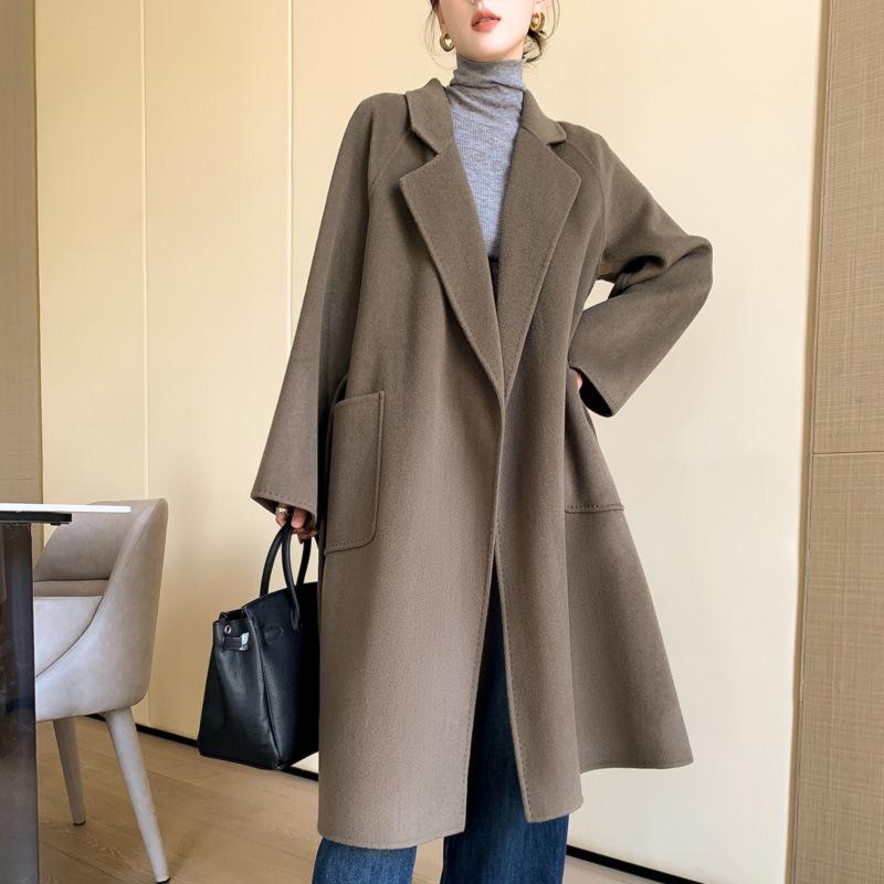 Damenwollmantel doppelseitig mit Bindegürtel: Herbst/Winter, 100% Wolle, Überknielang, Lockere Passform