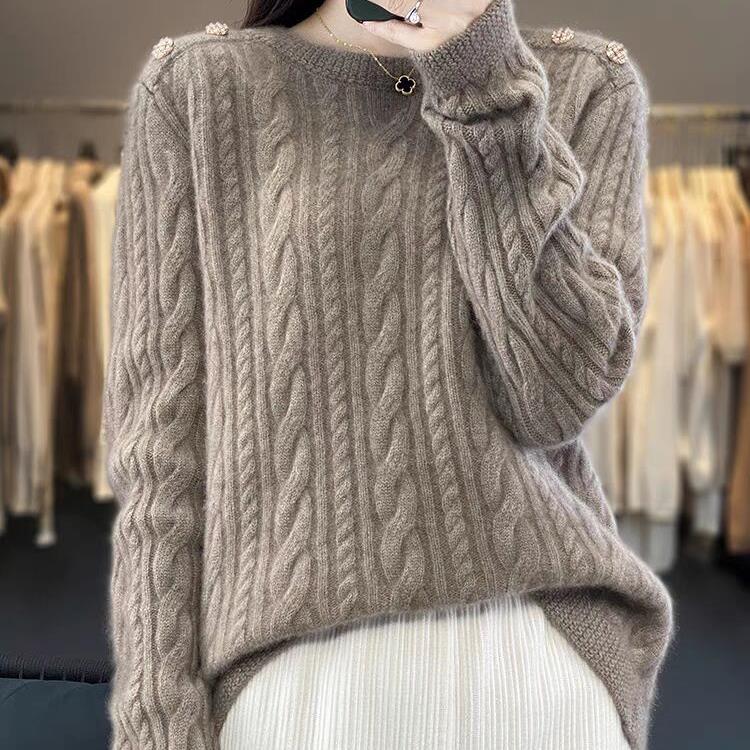 Women's Round Neck Loose Twisted Flower Solid Color Sweater Autumn and Winter New Style Cable Thickened Knitted Base