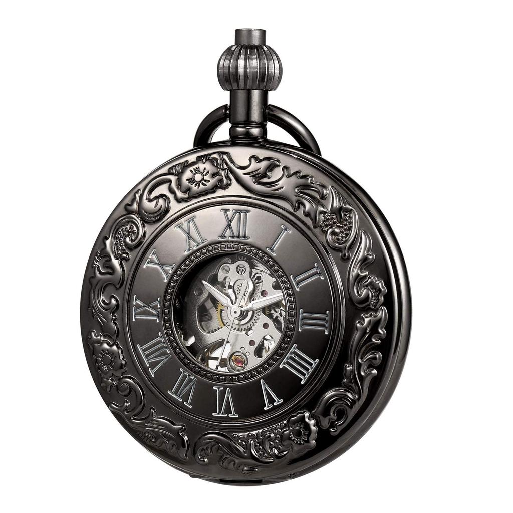 TREEWETO Klassische Mechanische Taschenuhr mit Römischen Ziffern und Anhänger, Schwarze Kette,