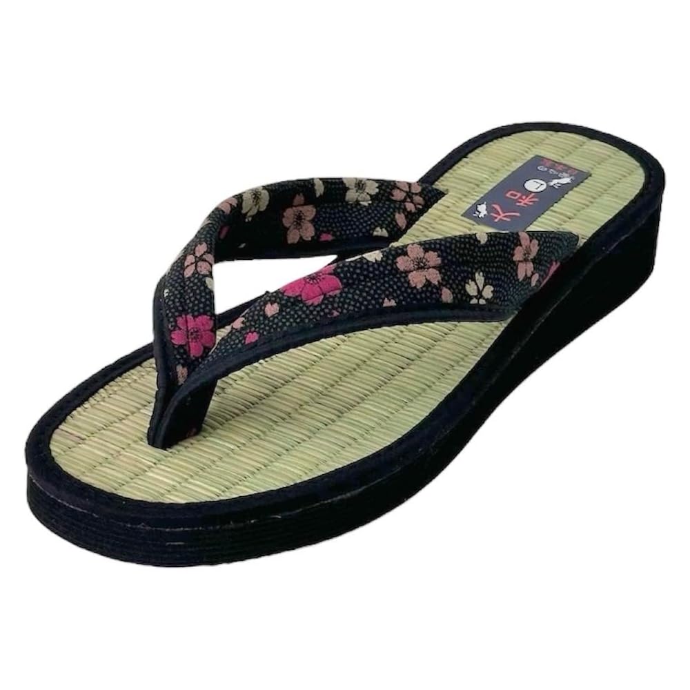 Daimyo Shokai Women's Japanese Style Tatami Sandals Black Floral Pattern Size L