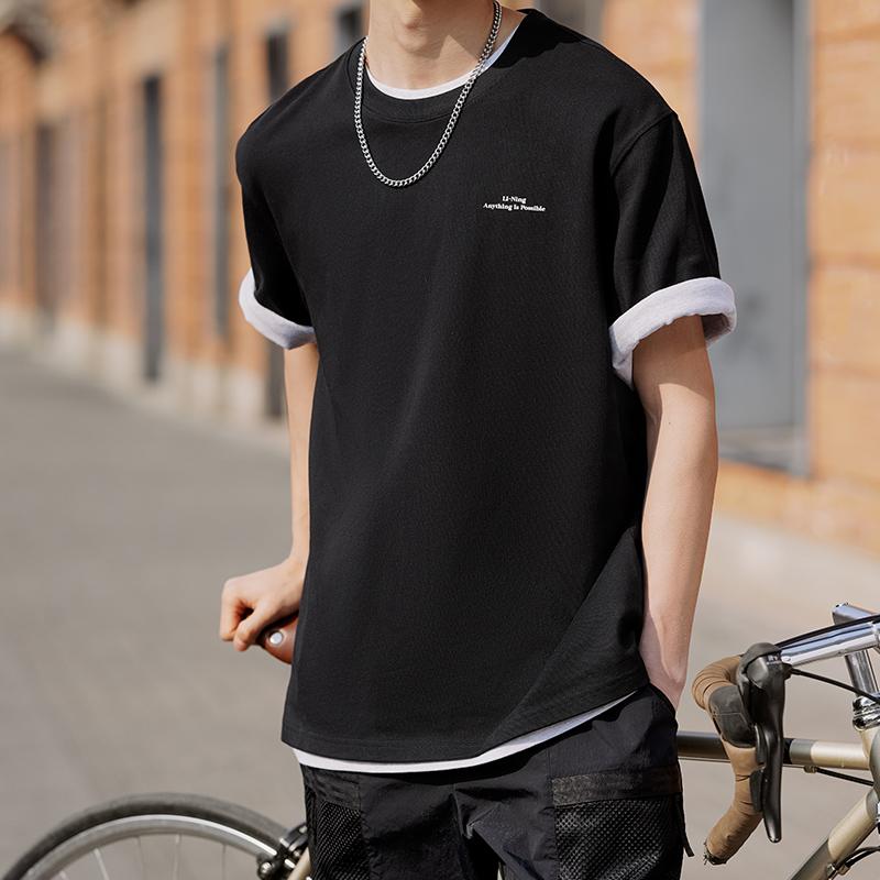 Li-Ning Weekend Youth Sports Fashion Series Retro Round Neck Loose Casual Short Sleeve Cotton T-Shirt Unisex Tops Black AHSU689-6