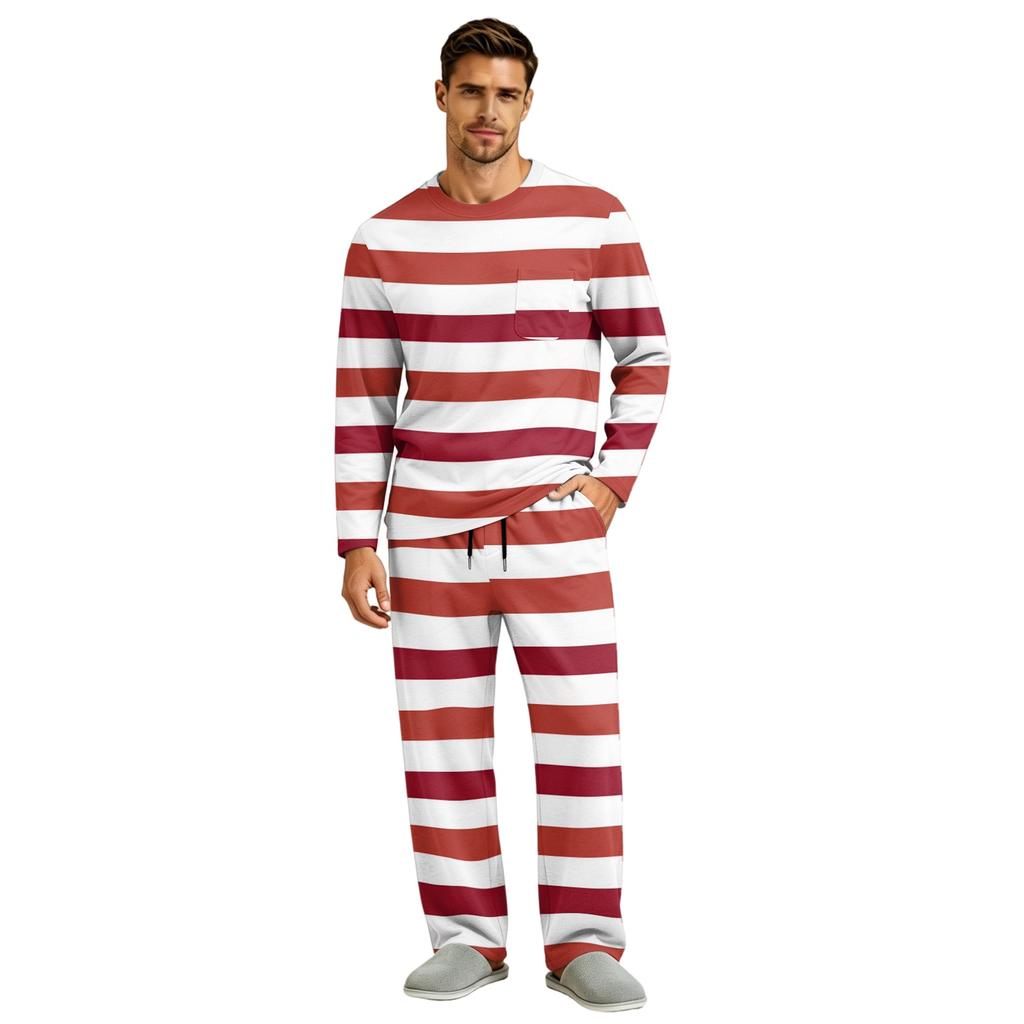 Men's Long Sleeve Pajama Set with Button Crotch and Elastic Drawstring Waist Pants for Home Loungewear