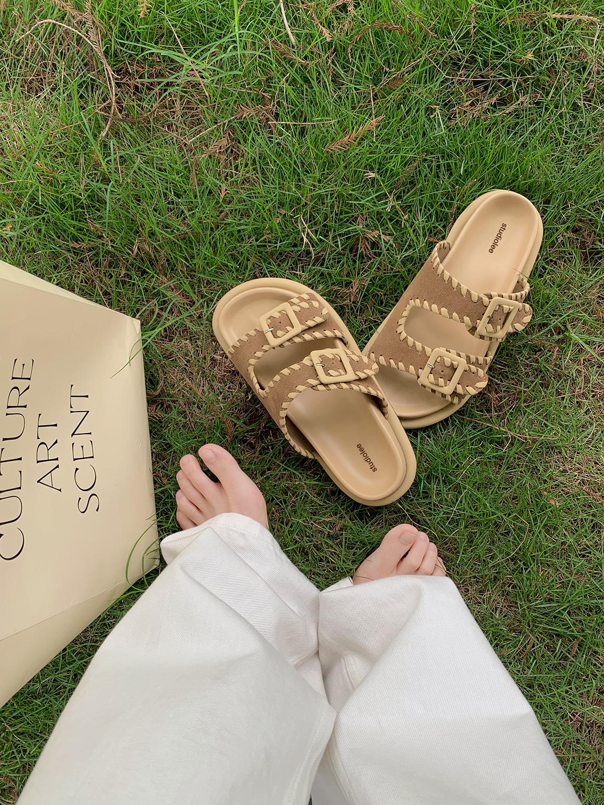 

Cowhide grape mother slippers women s summer wear versatile open-toed double-breasted lazy thick bottom heightening Birkencool slippers 35