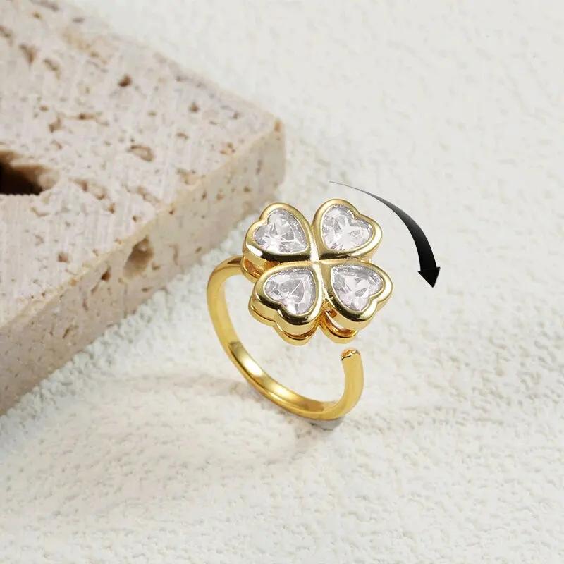 1 Stück neuer Mode drehbarer vierblättriger Zirkon offener verstellbarer Ring Luxus Nischendesign High-End Sinn für Schmuck
