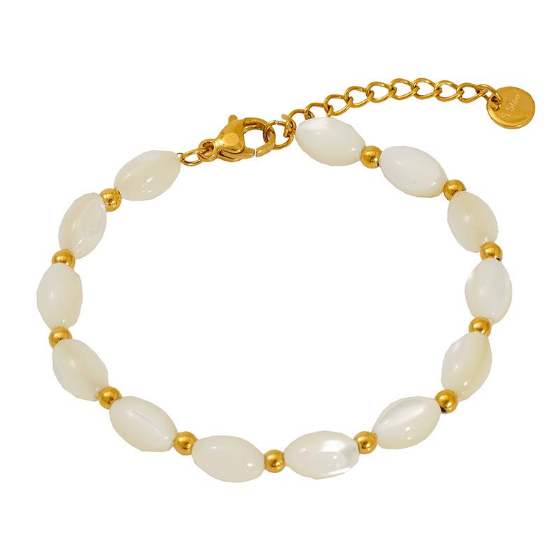 Versatile 18K Titanium Steel Oval Shell & Pearl Beaded Minimalist Women's Bracelet