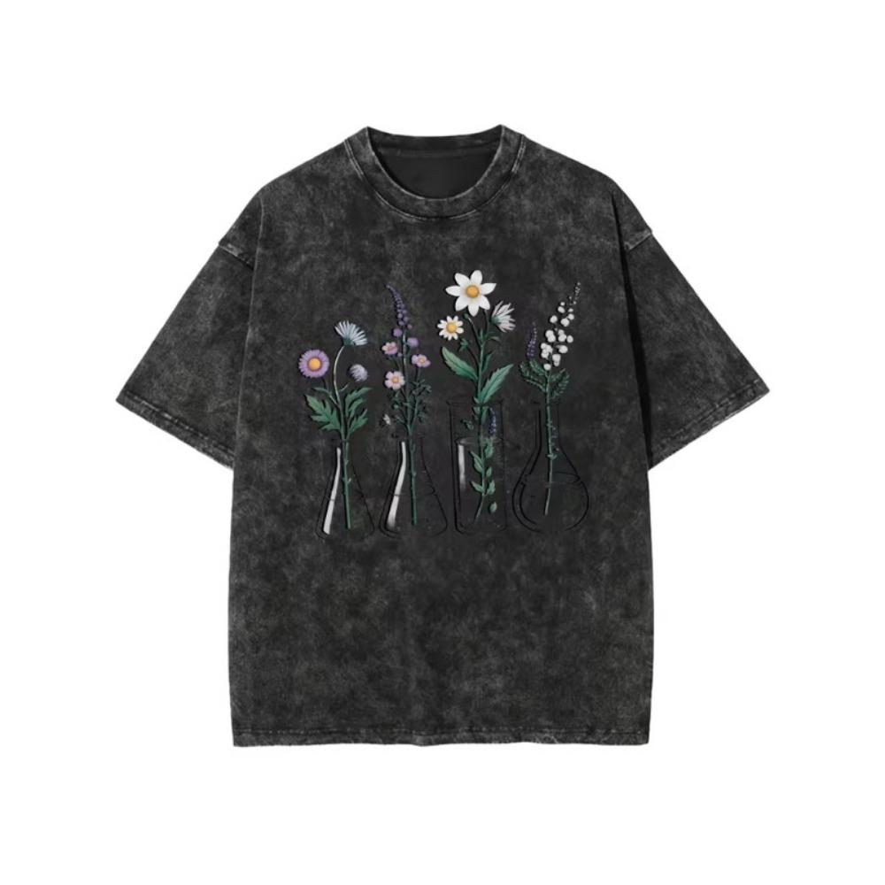Watercolor Wildflower Butterfly Vintage Washed T-Shirt Oversized Y2K Crew Neck Short Sleeve Cottagecore Floral Print Tee