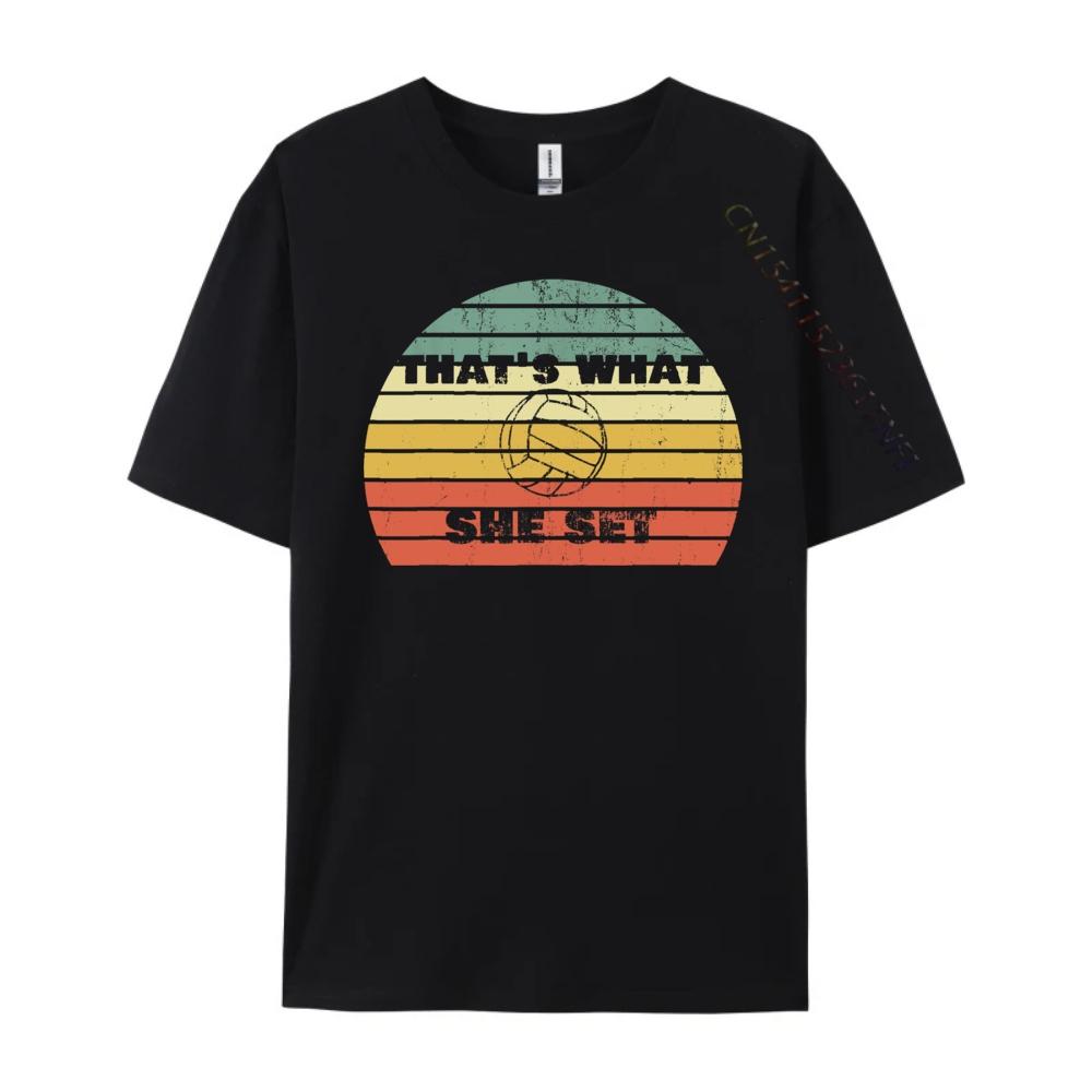 Lustiger Volleyball-Wortwitz Thats What She Set Vintage Retro Sonnenuntergang Grafik T-Shirts Herren Baumwoll-T-Shirt Herren