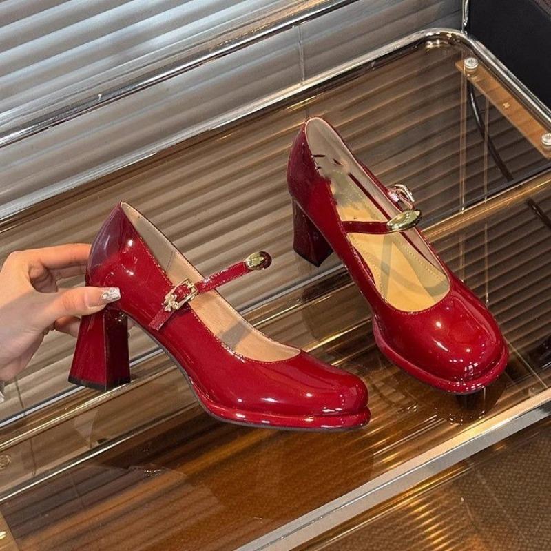 Mary Jane Shoes Spring New Round Head Shallow Mouth Metal Buckle A Line with Anti-slip Wear-resistant High Heels