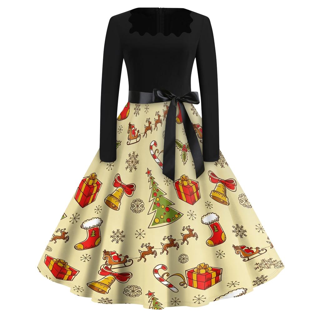 Women's Casual Christmas Print Square Neck Vintage Dress for Holiday Party