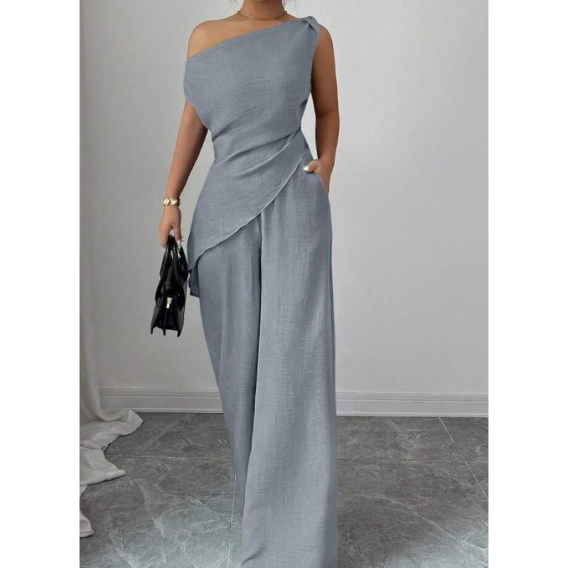 2026 Womens Off-Shoulder Sleeveless Solid Color Wide Leg Pants Set Casual Outfit