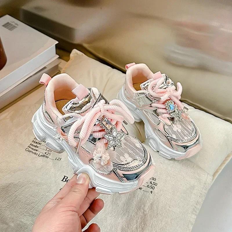 Girls Running Shoes Princess Style Flowers Children Sneakers Thick Soft Sole Non-slip 2025 New Kids Sports Shoes Mesh Breathable