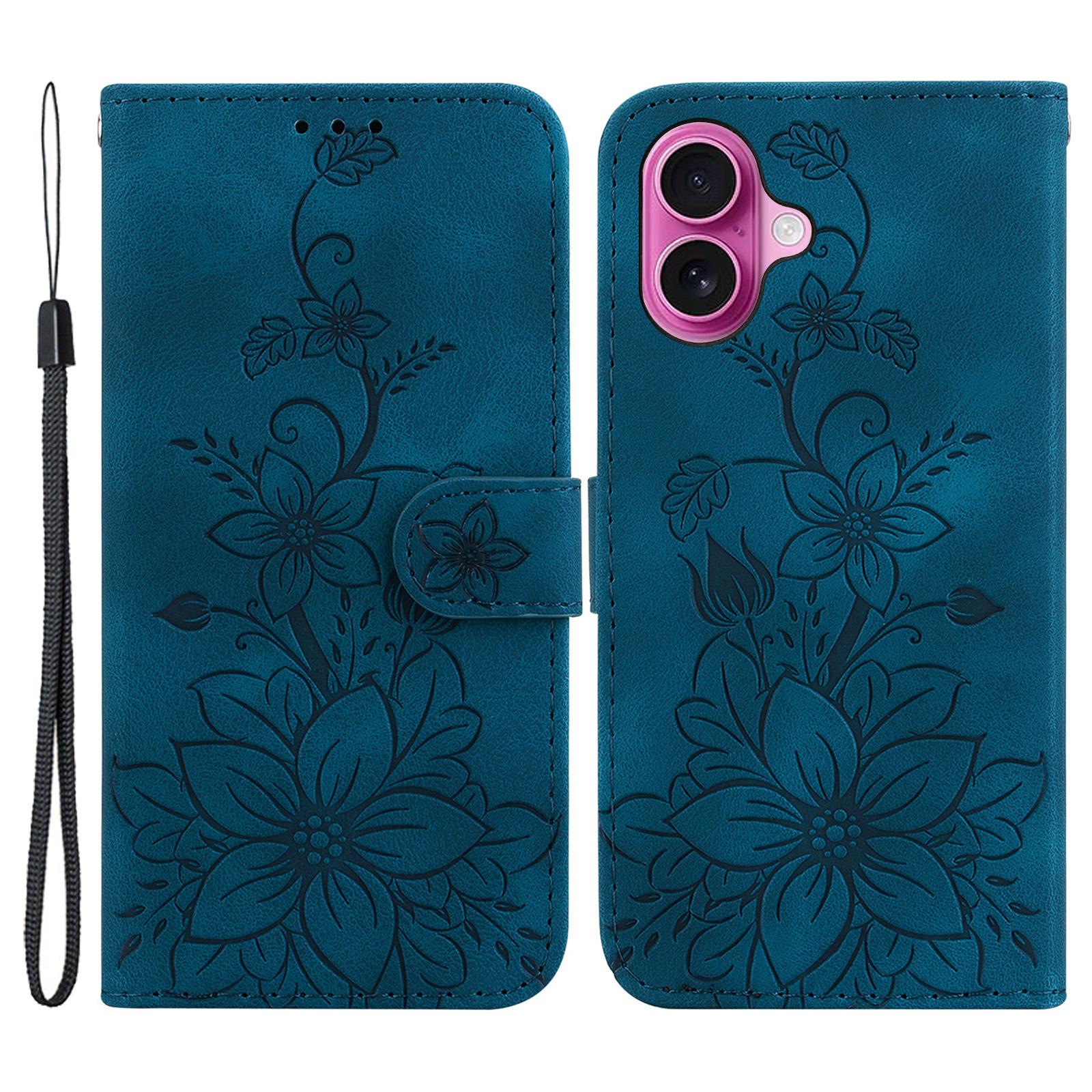 

For iPhone 16 Plus Wallet Case PU Leather Phone Cover Flower Imprinted Dark Blue