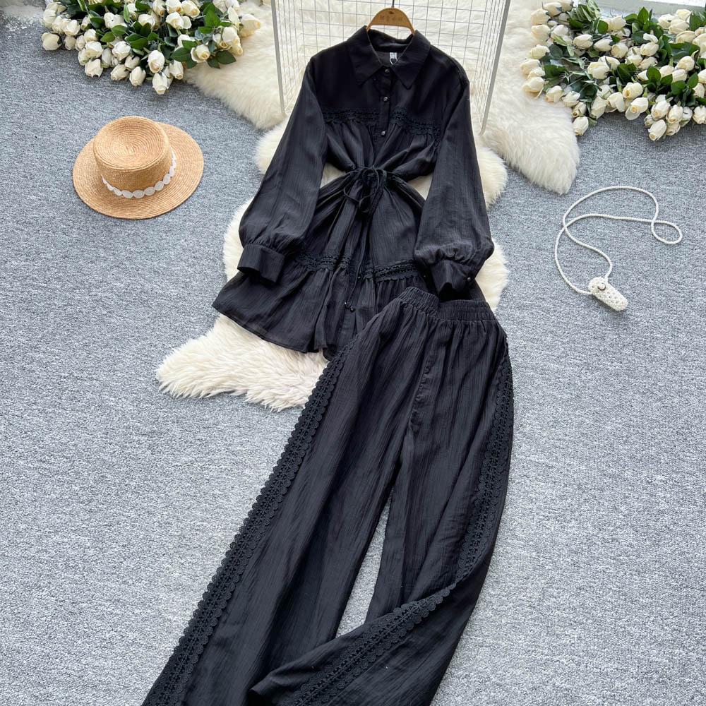 

Wine Red French Retro Ensemble: Slim Cross-Lantern Sleeve Shirt & Elastic Waist Wide-Leg Pants One Size чёрный