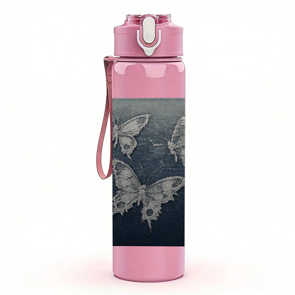 1PC Dark Board Butterfly Etching Art 750ml Color Plastic Sports Water Bottle Leakproof Flip Straw Lid For Sports Office Home Use