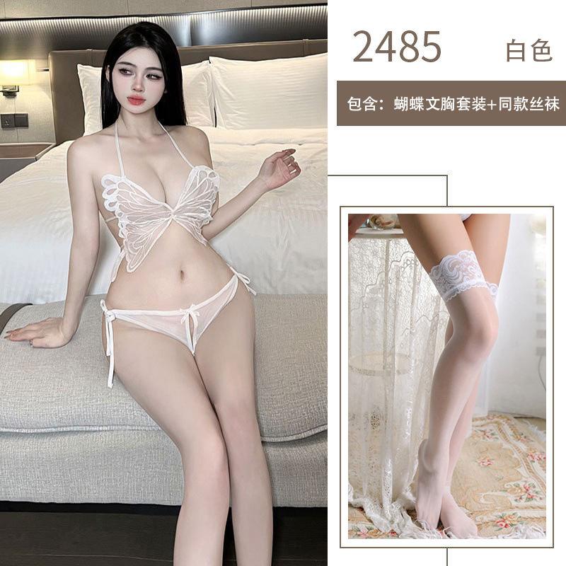 Sexy Lingerie Set Three-point Perspective Mesh Belly Pocket Nightclub Bow Lace-up Bra Temptation