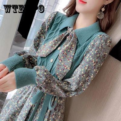Autumn and Winter Floral Corduroy Dress Stitching Fake Two-piece Woven Waist Tie Bow Coat Sweater Dress