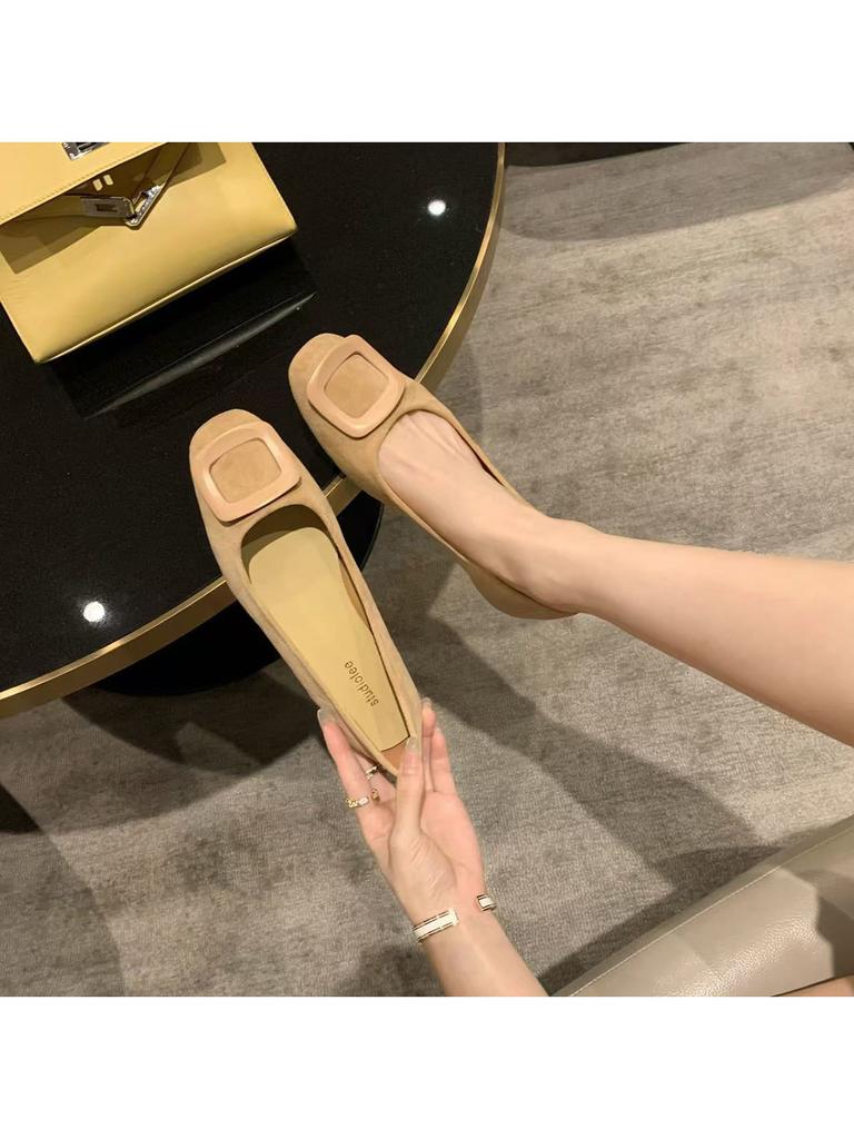 Sheepskin Version~ Grape Mother Has the Same Temperament, Round Head, Versatile Square Buckle, Shallow Mouth Single Shoes, Women's Genuine Leather Com