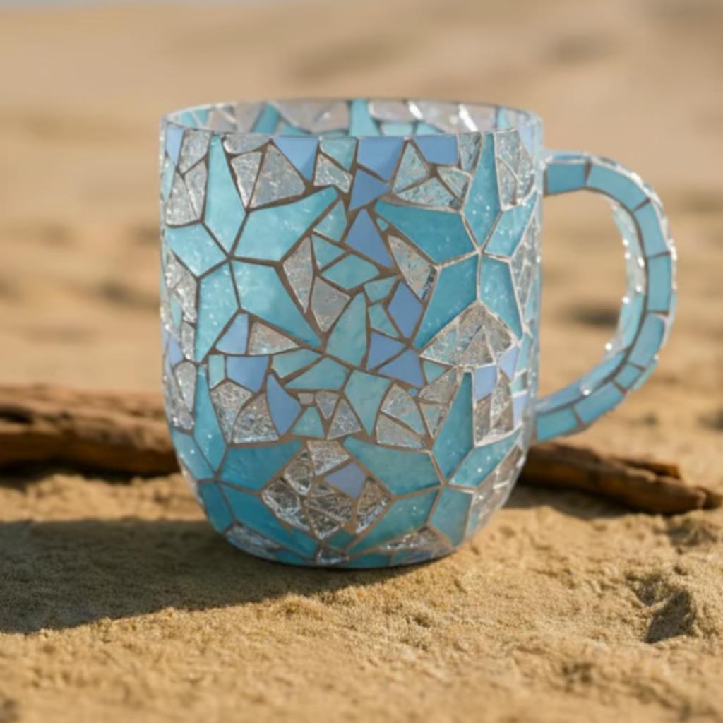 Mug Series, 12 Oz Blue Hand-blown Cracked Coffee Mug With Bubble Texture.