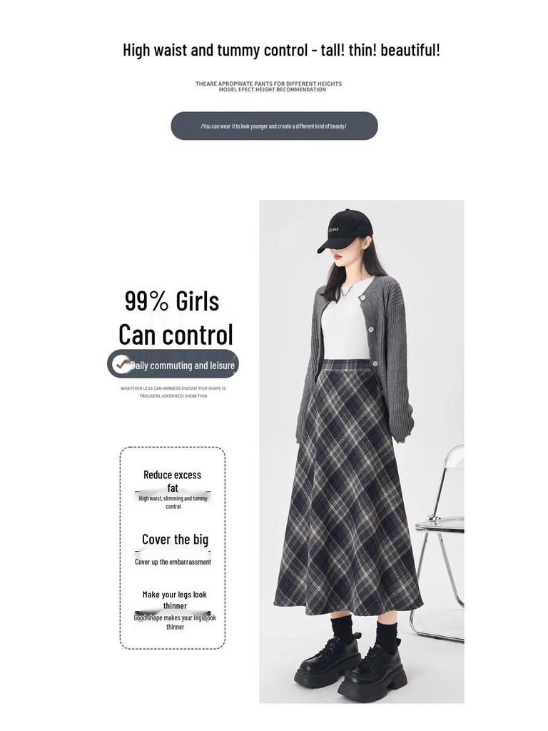 Women's Plaid A-line Skirt: Mid-Length, Thickened for Autumn/Winter 2025, Slimming Fit.