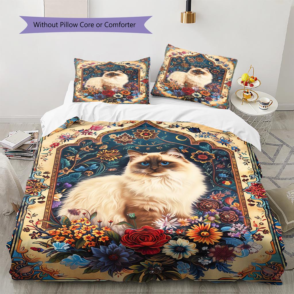 Boho Floral Cat Pattern Bedding Quilt Set Quilt Cover Pillowcase Home Decoration Birthday Gift (1 * duvet cover + 2 * pillowcase, without core)