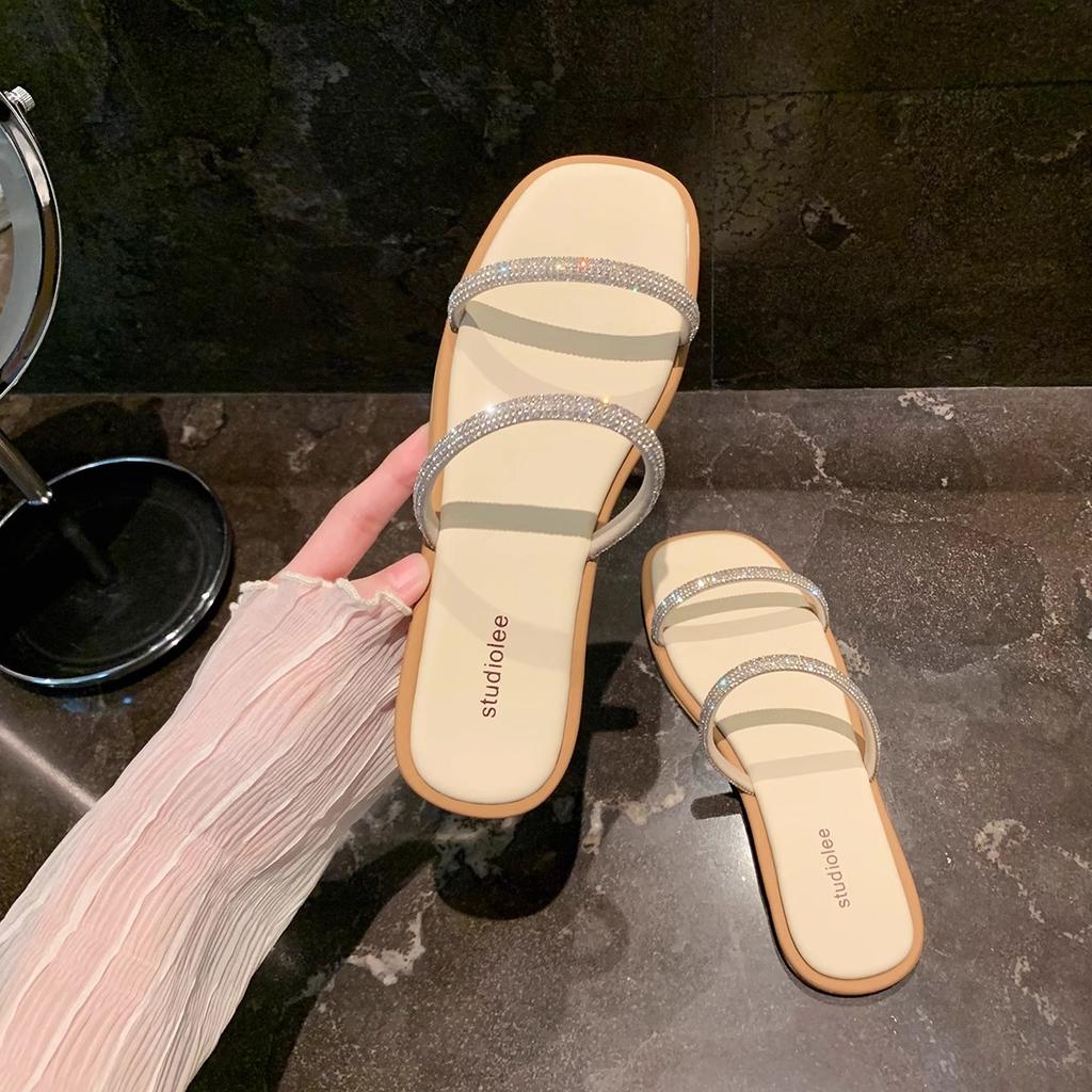 Sheepskin Version~ Simple Square Head Sparkling Double Word with Flat Bottom Padded Slippers for Women