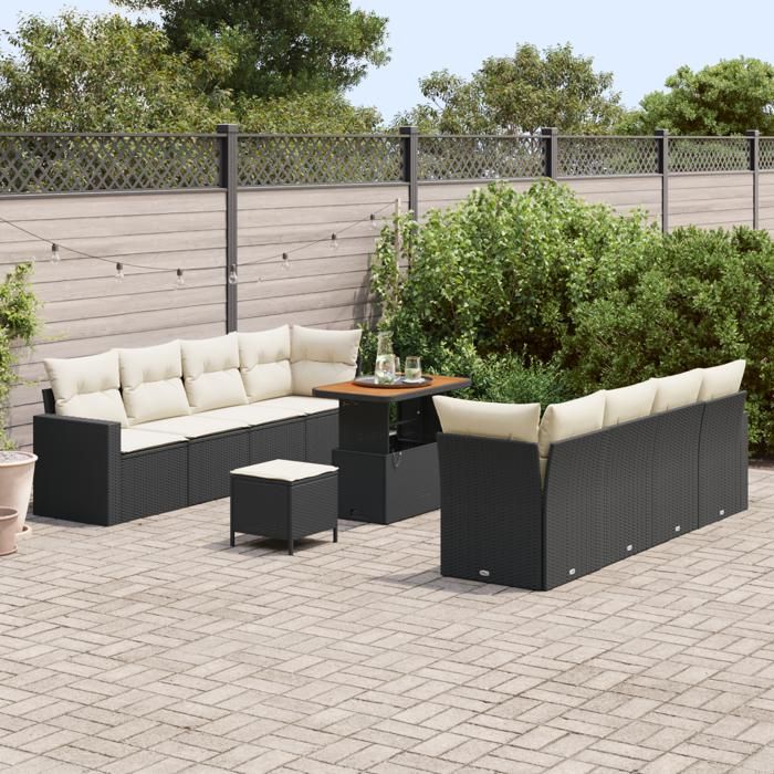 Ensemble de Canapés de Jardin 11 Pièces avec Coussins Noir Rotin Poly Acacia, Ensemble de Dîner de Jardin 3 Pièces 3361590