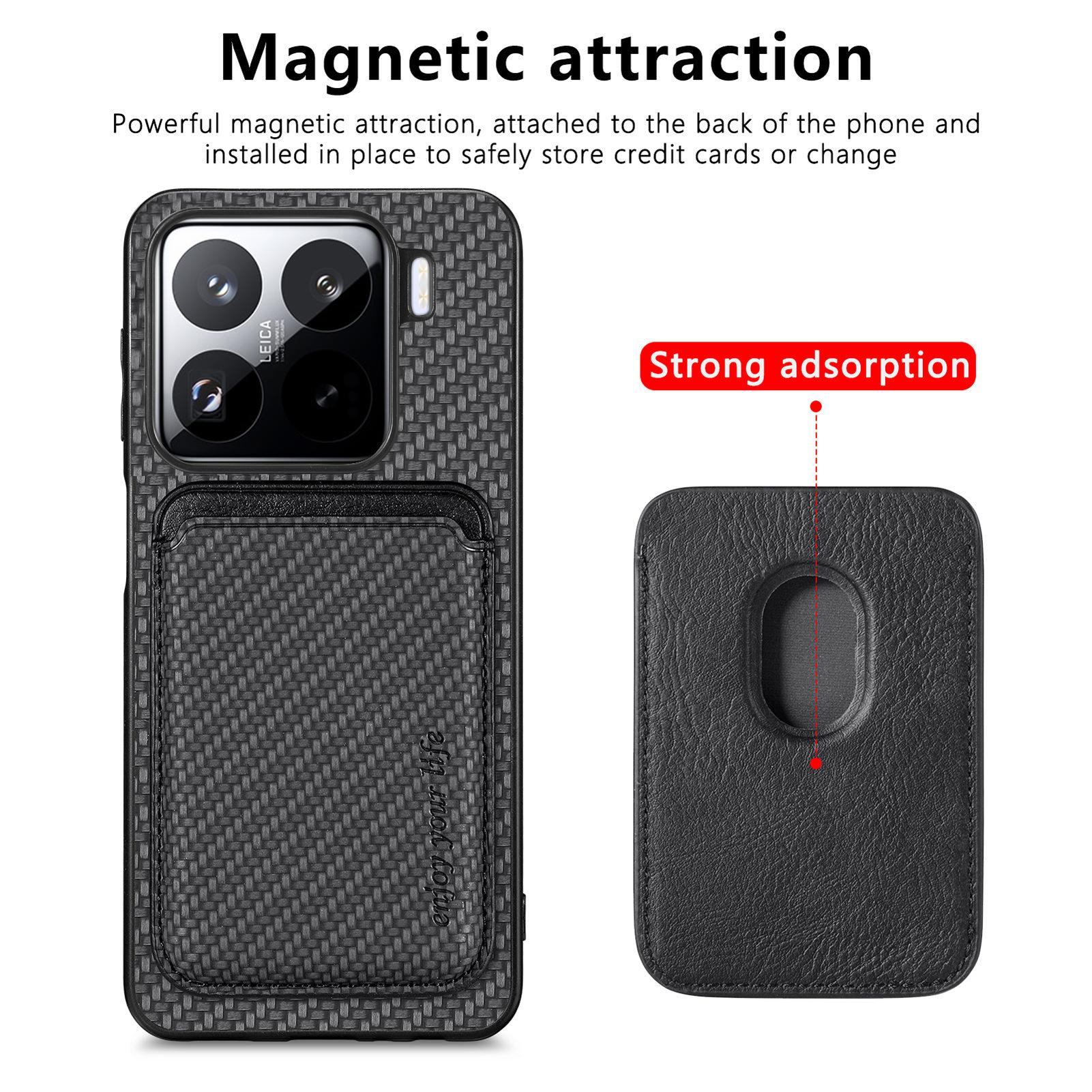 

For Xiaomi 15 Pro Case Carbon Fiber Leather Back Cover with Detachable Card Bag Apricot