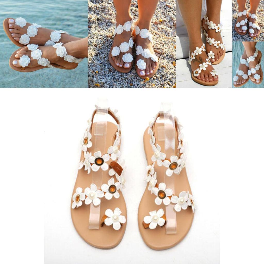 Elegant Women Summer Bohemia Flower Beach Sandals Flat Shoes Slippers Flip Flops