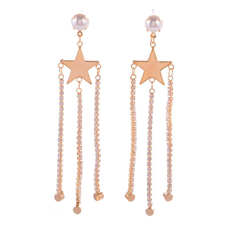 Simple Geometric Asymmetrical Earrings With Diamond Studs, Pentagonal Star Long Fringed Earrings, Earrings.