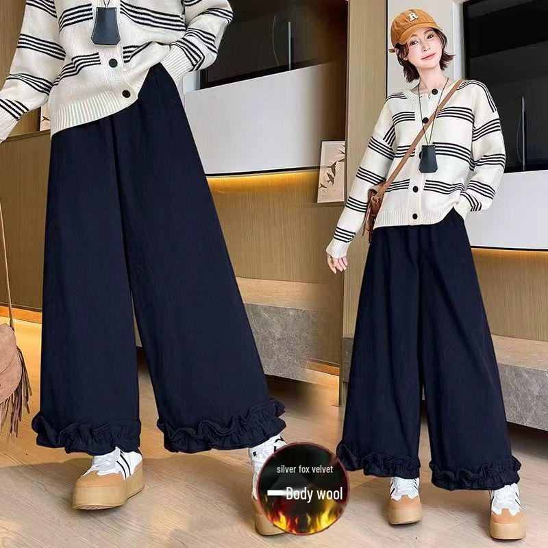 2025 Autumn/Winter Plus Velvet Corduroy Patchwork High Waist Wide-Leg Casual Pants