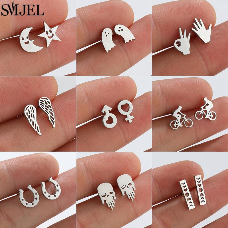 2026 Stainless Steel Geometric Stud Earrings for Women Star Sun Moon Earings Fashion Jewelry Angel Wing Ghost Ear Pendientes
