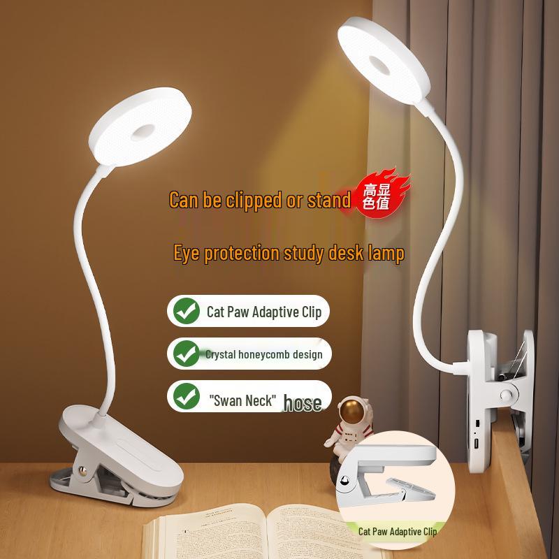 Dimmable Clip-on Desk Lamp, Eye Protection, Dual Use (Plug-in/Battery), for Bedside, Children's Study, and Dormitory Reading.