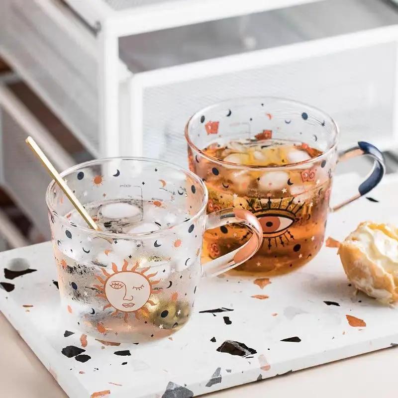 500ML Glass Cup With Scale Coffee Mug Breakfast Milk Drinkware Fruit Juice Cups For Couple Gift Creative Patterns