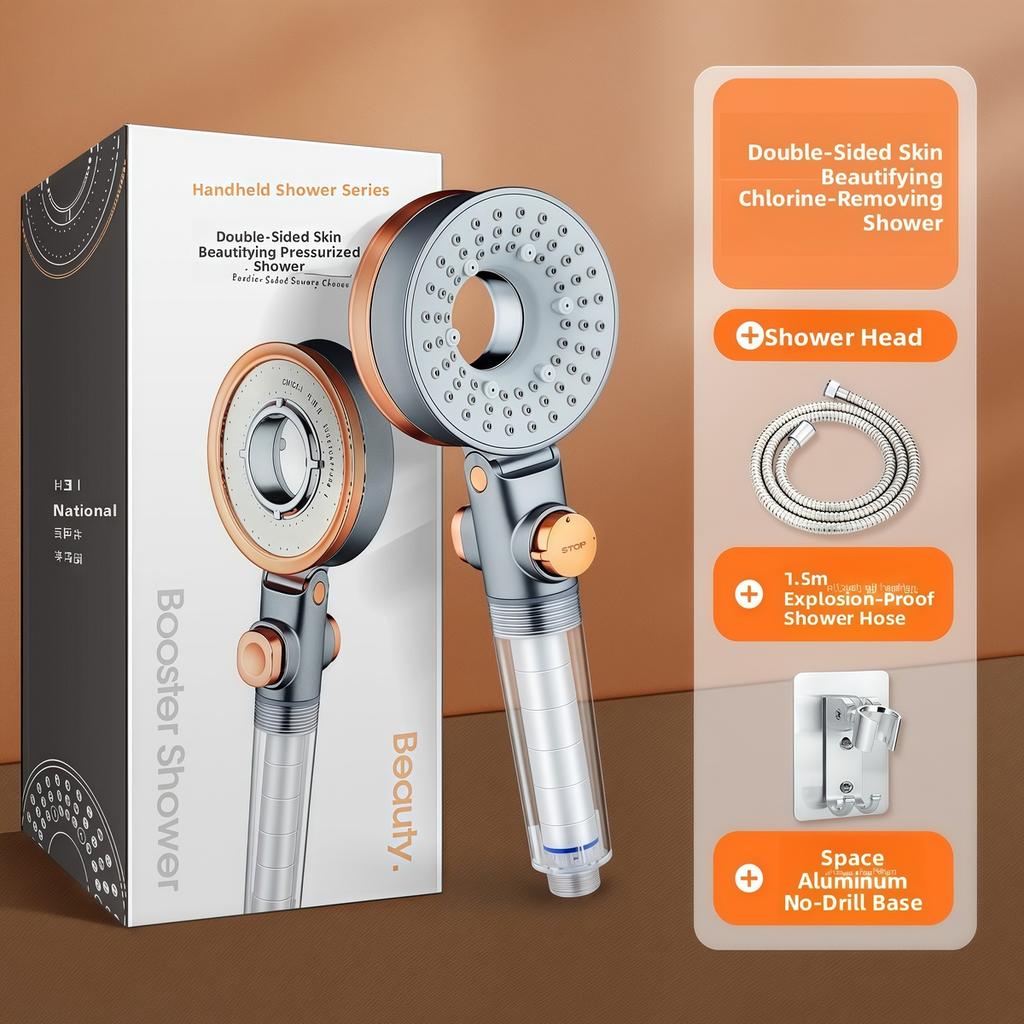 Handheld double-sided unique shower head bathroom 3 kinds of spray water-saving filter round rainfall adjustable nozzle shower