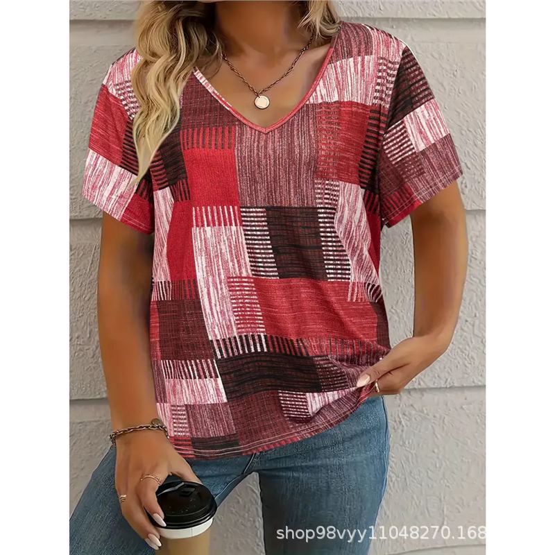 Women V Neck Geometric Patchwork Print Short Sleeve Casual Loose Summer T Shirt Tops