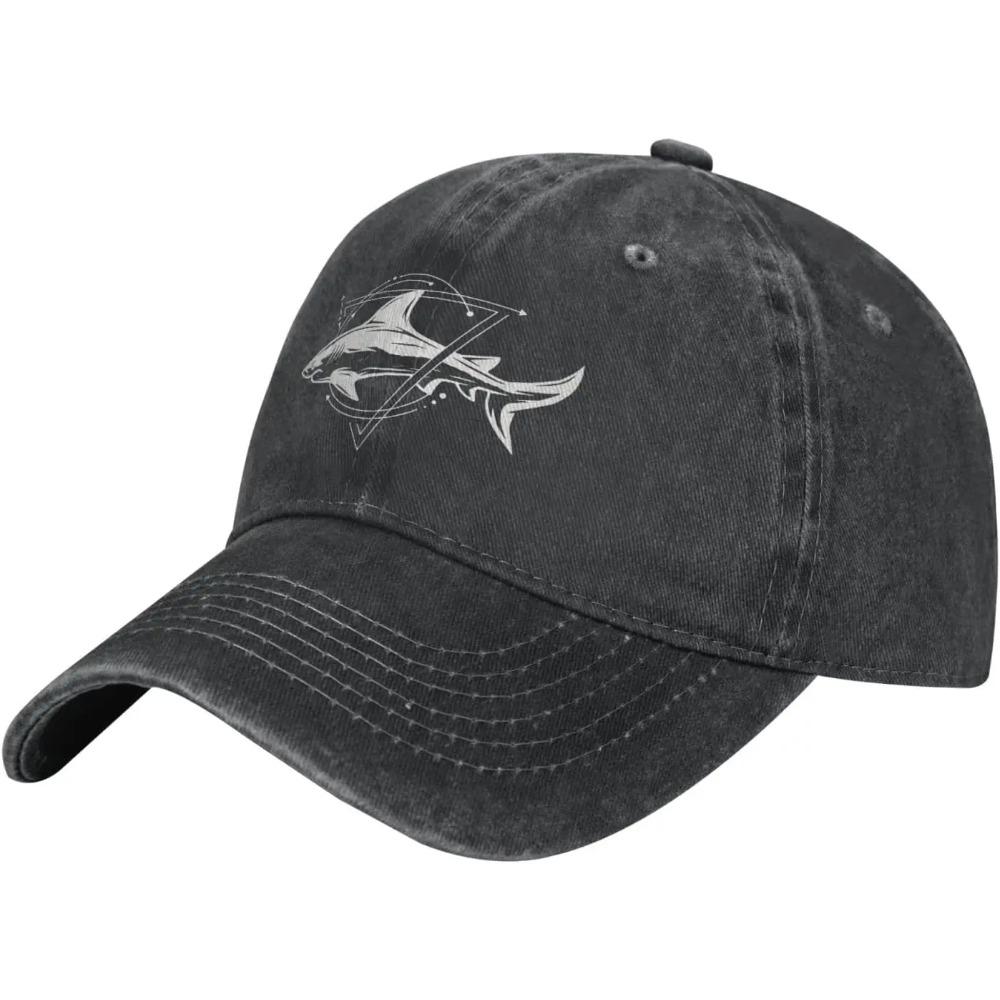 Cool Shark Black Vintage Distressed Adjustable Washed Denim Cotton Low Profile Mens Dad Trucker Hat Black Fitted Baseball