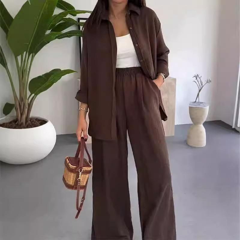 European and American Women Clothes Fashion Solid Loose Top Casual Wide-Leg Pants Two-piece Set Casual Two-Piece Set