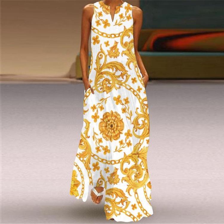New Spring Summer Women Long Skirt Dress European American Fashion Print Pocket Design