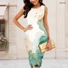 Women Plus Size Round Neck Sleeveless Blue Gold Printed Bodycon Midi Dress