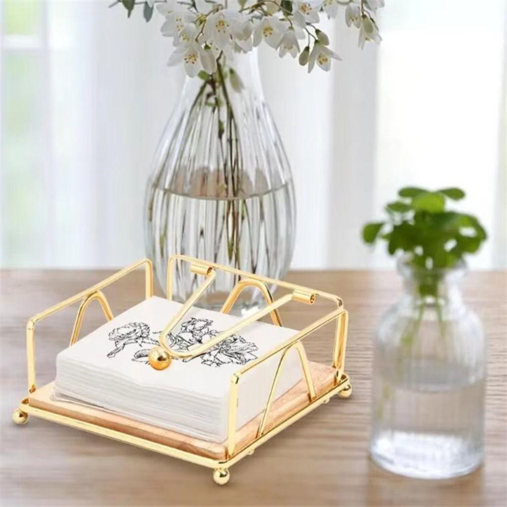 Metal Flat Napkin Holder Wooden Base Napkin Stand Rack Paper Towel Dispenser  for Dining Table