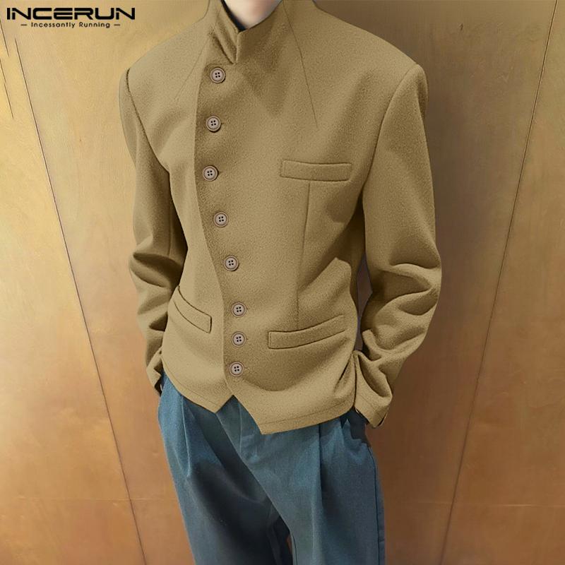 INCERUN Men Stand Neck Long Sleeve Oblique Placket Jackets Coats