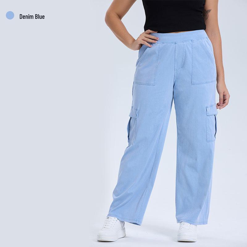 

Women s High-Waist Plus-Size Elastic Wide-Leg Denim Work Pants with Multi-Pockets XL джинсовый синий